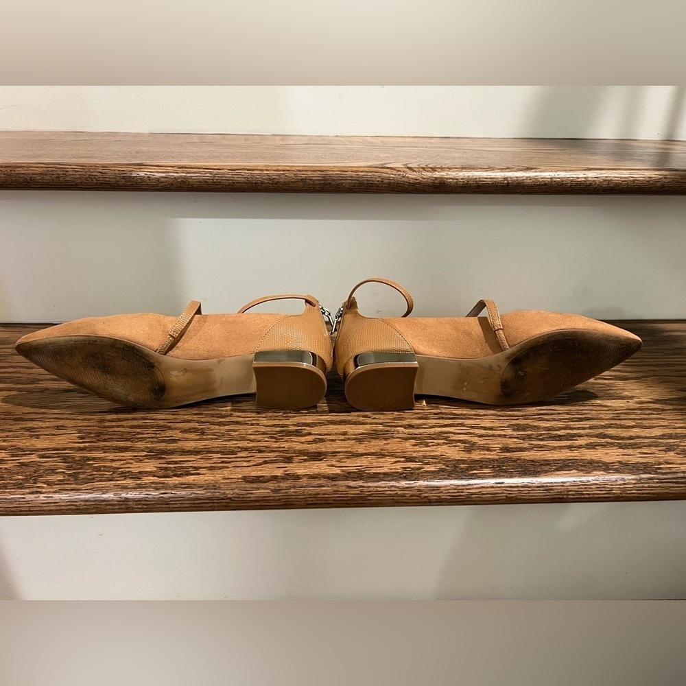 Aldo Tan Suede with Gold Heel Ankle Strap Flats - Picture 7 of 7